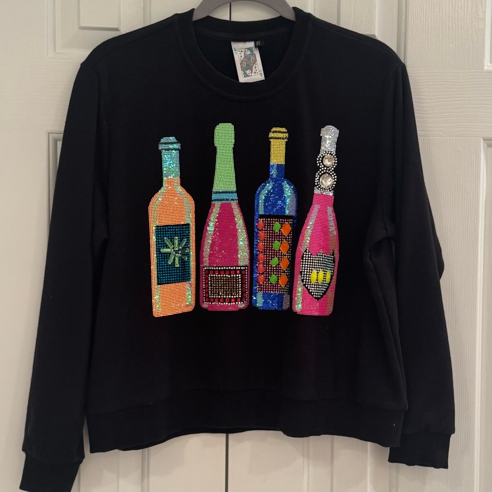 QUEEN OF SPARKLES Champagne Wine Bottles Neon Sequin Gem Sweatshirt XS
